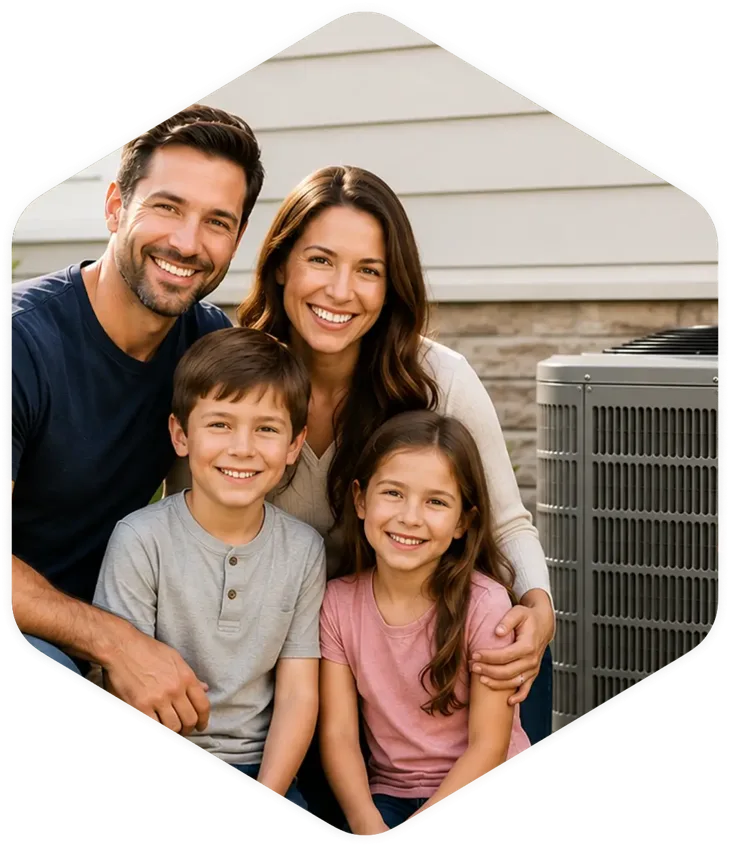 Family sitting outside near an HVAC unit.